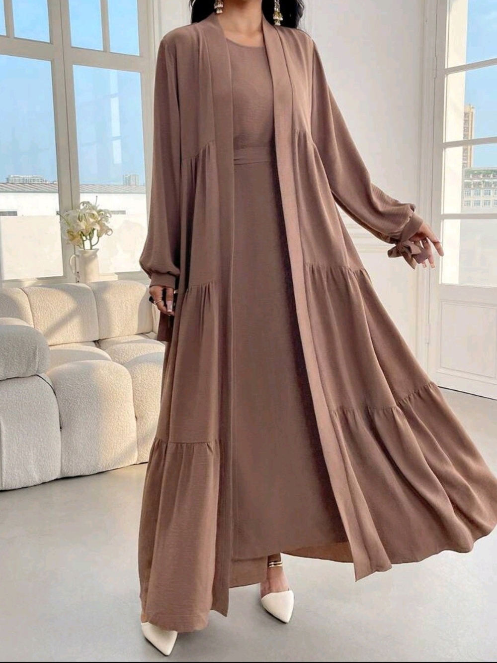 Elegant Taupe Maxi Dress with Long Duster